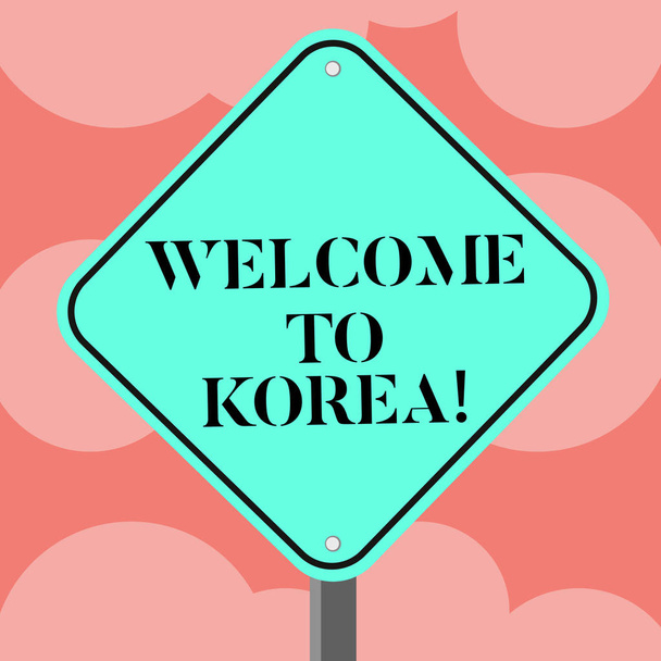 Writing note showing Welcome To Korea. Business photo showcasing Arriving to Asian modern country different culture Diamond Shape Color Road Warning Signage with One Leg Stand. - Valokuva, kuva