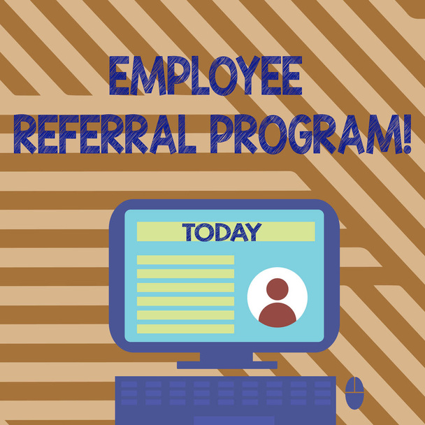 Text sign showing Employee Referral Program. Conceptual photo internal recruitment method employed by organizations Desktop Computer Mounted on Stand with Online Profile Data on Monitor Screen. - Photo, Image