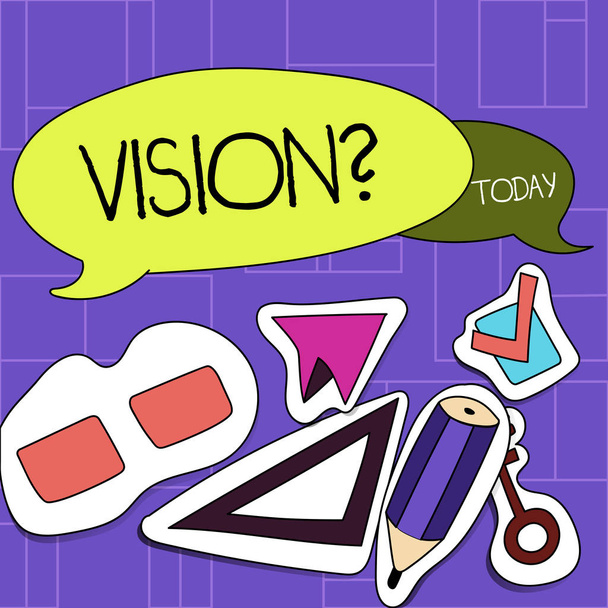 A kézírás szöveg Visionquestion. Koncepció, azaz vállalati elkötelezettség jövőbeli reális állam két üres színes buborΘk és különböző címkéket matricát stílusú ikonok. - Fotó, kép