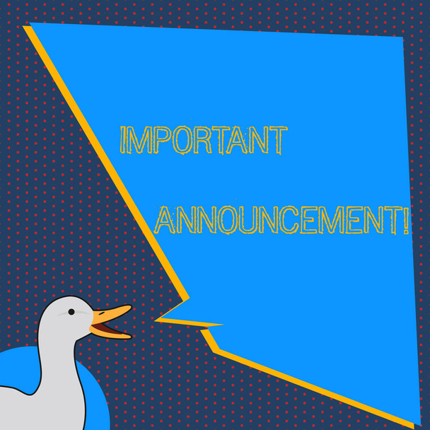 Text sign showing Important Announcement. Conceptual photo spoken statement that tells showing about something photo of Duck Speaking with Uneven Shape Blank Blue Speech Balloon. - Photo, Image