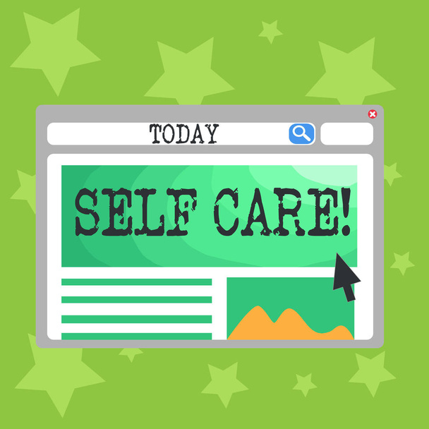 Text sign showing Self Care. Conceptual photo practice of taking action preserve or improve ones own health Blank Template of Pastel Colorful Website Layout Design for Homepage Format. - Photo, Image