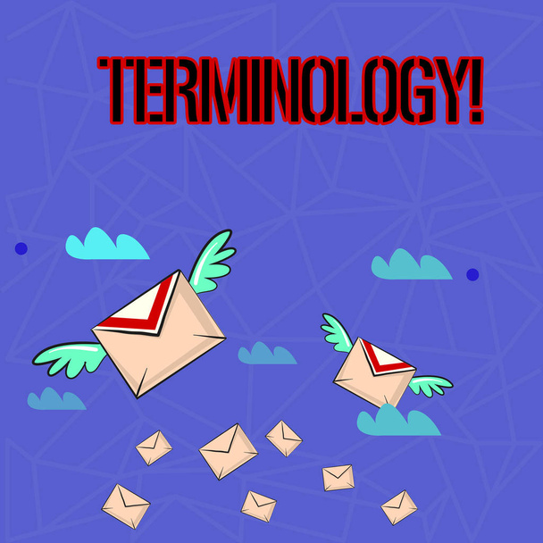 Writing note showing Terminology. Business photo showcasing Collection of terms used by different profession study industry Colorful Airmail Letter Envelopes and Two of Them with Wings. - Photo, Image