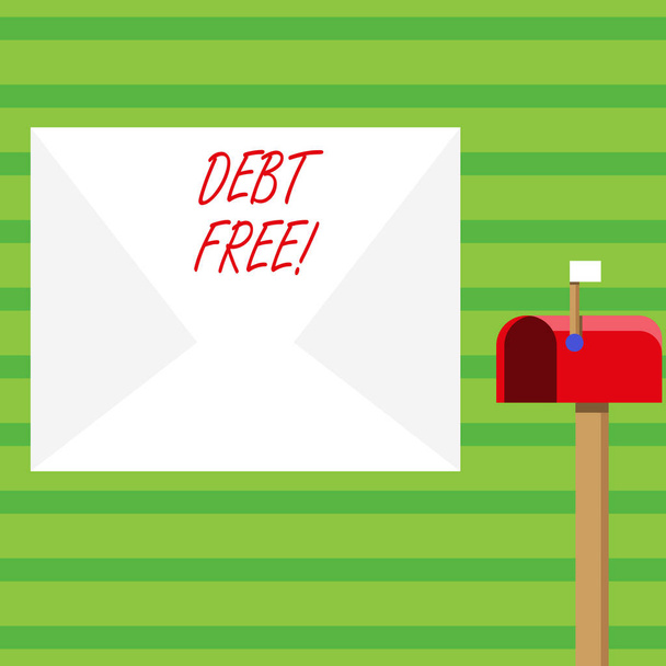 債務無料テキストの書き込みを単語します。任意のお金または個人または企業白紙の大きな白い封筒とシグナル伝達を小さな旗と赤いメールボックスをオープンすることを所有していないのビジネス コンセプト. - 写真・画像