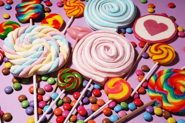 lollipop candies with jelly and sugar. colorful array of differe - Photo, Image