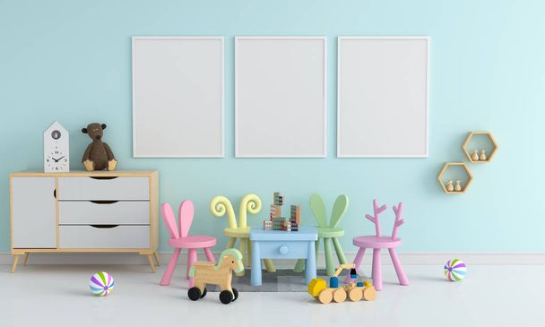 Three blank photo frame for mockup in childern room, 3D rendering - Photo, Image