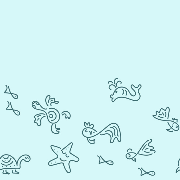 Doodle mão desenho fundo. Mar. Peixe, tartarugas marinhas, estrelas do mar, baleias. Padrão sem emenda, fronteira. Ilustração vetorial
 - Vetor, Imagem
