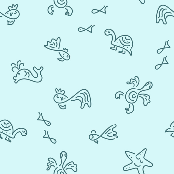 Doodle Hand Zeichnung Hintergrund. Meer. Fische, Meeresschildkröten, Seesterne, Wale. nahtloses Muster, Rand. Vektorillustration - Vektor, Bild
