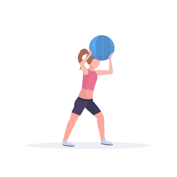 sporty woman doing crossfit exercises with medicine leather ball girl training in gym cardio workout healthy lifestyle concept flat white background full length - Διάνυσμα, εικόνα