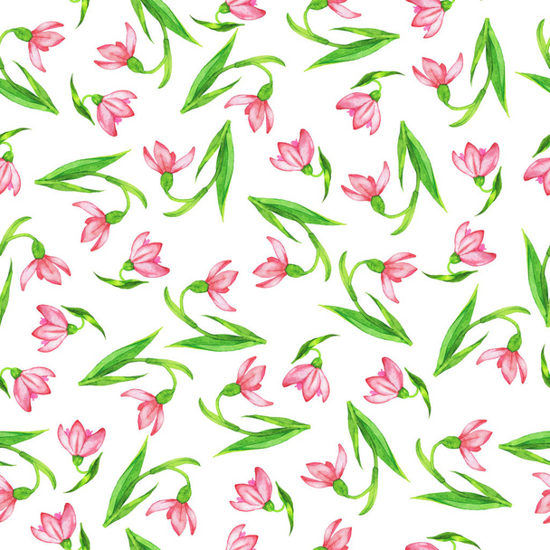 Seamless pattern with fresh pink spring flowers and green leaves on white background.  - Fotografie, Obrázek