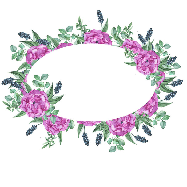 Rosa fiori rosa e foglie verdi cornice isolata su sfondo bianco. Progettazione per invito di nozze o biglietto di auguri. Illustrazione acquerello disegnato a mano
. - Foto, immagini