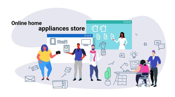 ihmiset tekevät verkko-ostoksia kodinkoneet kauppa käsite miehet naiset valitsevat uuden digitaalitekniikan tietokonesovelluksella sähköisen kaupankäynnin luonnos doodle horisontaalinen
 - Vektori, kuva