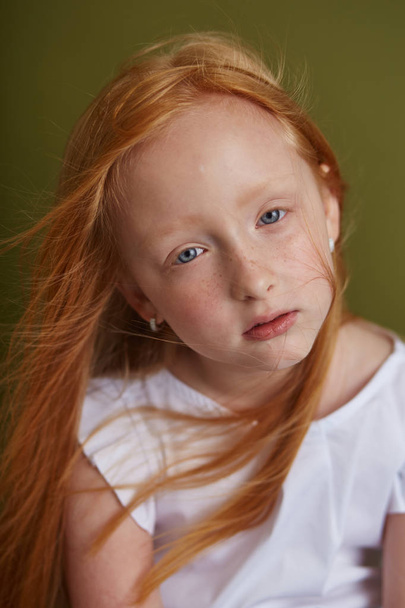 Young red-haired girl with long beautiful hair and big blue eyes - Φωτογραφία, εικόνα