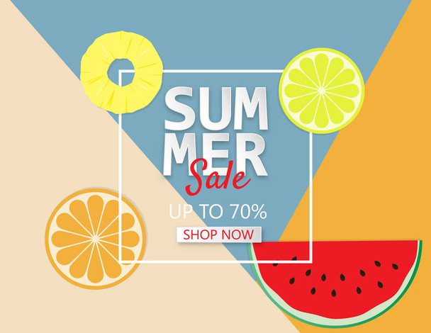 Summer sale background with pineapple, orange and watermelon. - Vector, imagen