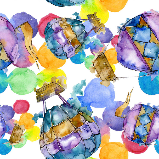 Heißluftballon Hintergrund fliegen Lufttransport. Aquarell Hintergrund Set vorhanden. nahtloses Hintergrundmuster. - Foto, Bild