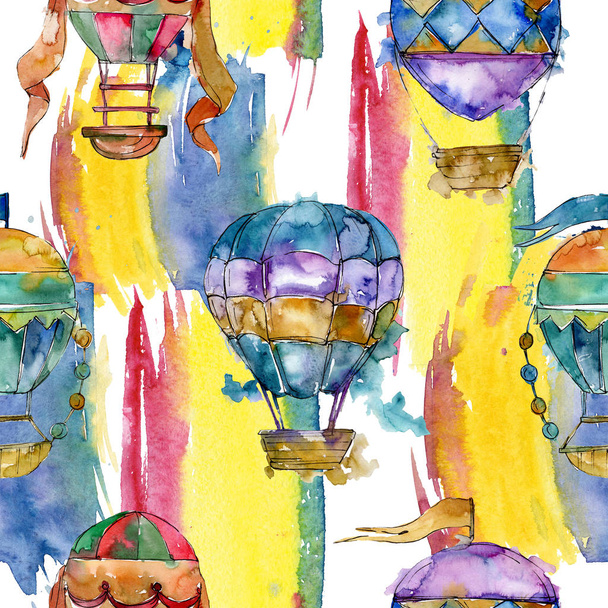 Hot air balloon background fly air transport. Watercolor background set. Seamless background pattern. - Foto, afbeelding