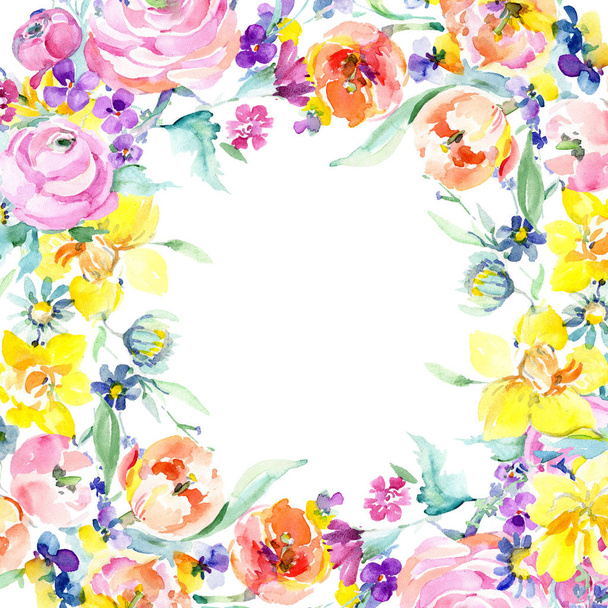 Pink rose bouquet floral botanical flowers. Watercolor background illustration set. Frame border ornament square. - Фото, изображение
