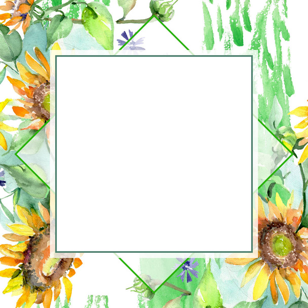 Ανθοδέσμη με ήλιους floral βοτανικό λουλούδια. Ακουαρέλα φόντο εικόνα σύνολο. Πλαίσιο συνόρων στολίδι τετράγωνο. - Φωτογραφία, εικόνα