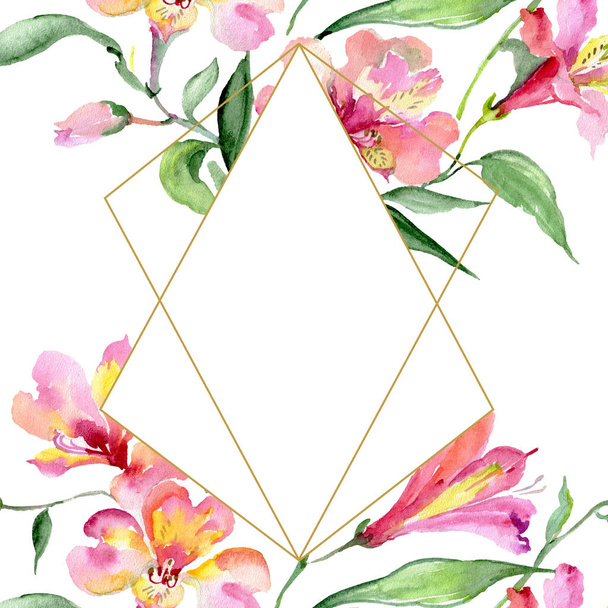 Ροζ μπουκέτο λουλουδιών βοτανικό Αλστρομέρια. Ακουαρέλα φόντο εικόνα σύνολο. Πλαίσιο συνόρων στολίδι τετράγωνο. - Φωτογραφία, εικόνα