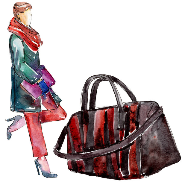 El çantası ve kadın bir suluboya stil izole öğesi glamour çizimde kroki. Suluboya arka plan ayarlamak. - Fotoğraf, Görsel
