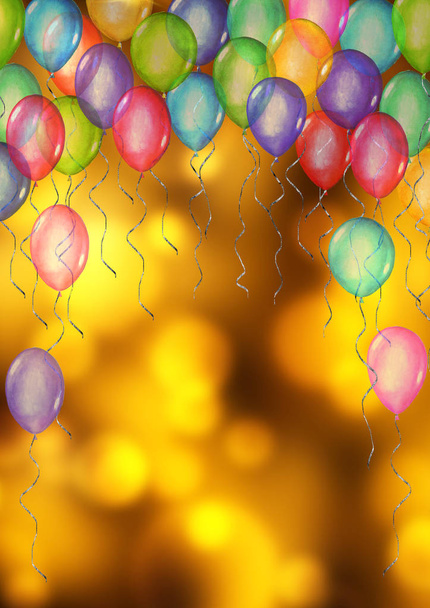 Зі святом. Акварель намальований вручну шаблон для вітальних листівок з кульками на фоні боке
. - Фото, зображення