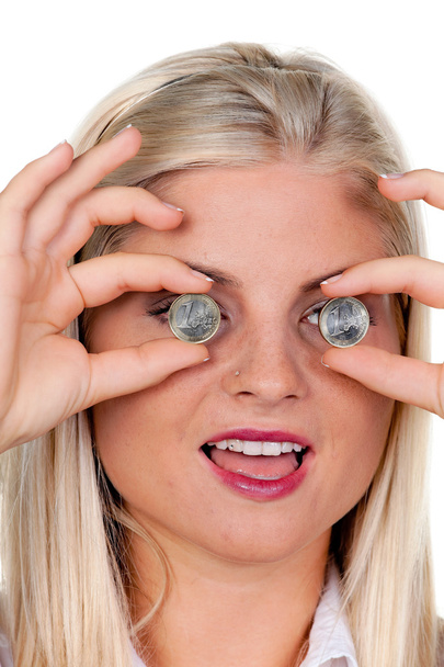 Woman with euro coins before the eyes - Фото, изображение