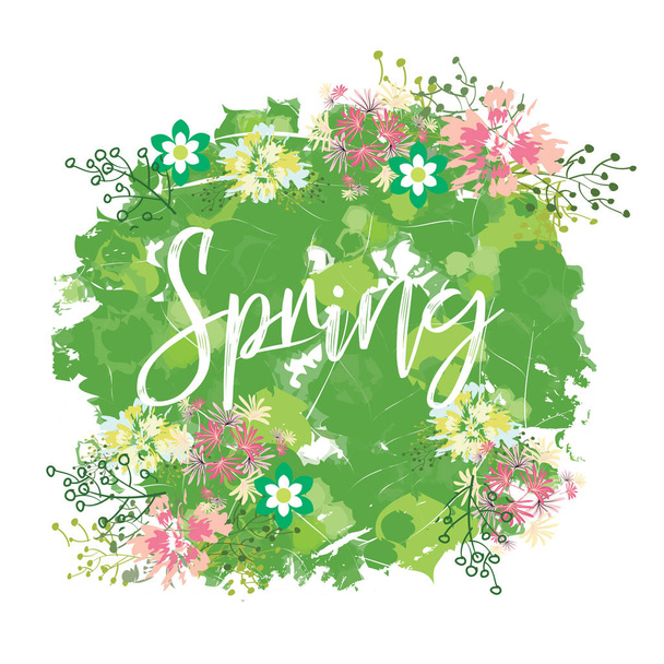Large spring bouquet, a variety of spring flowers on a bright spotted background. Spring composition for cards, invitations - Vetor, Imagem
