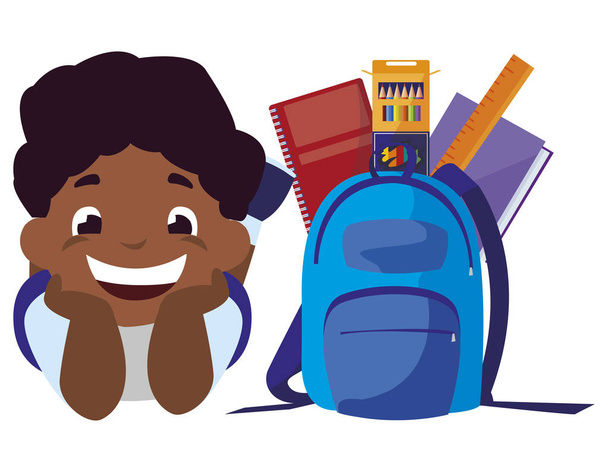 feliz pequeño colegial negro con bolsa de escuela y suministros
 - Vector, Imagen