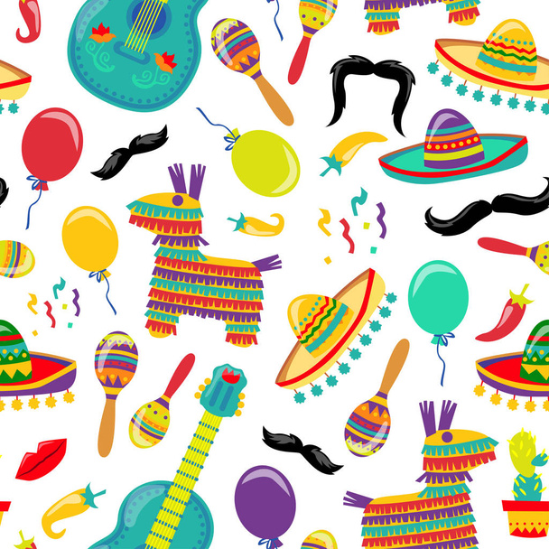 Cinco de Mayo Vector Seamles Pattern with Fiesta Elements. Mexican Attributes Sombreros, a Guitar, Cactus and decoration. Vector illustration - Vector, Imagen