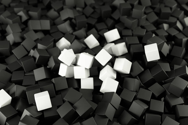 Ilustración en blanco y negro en 3D de una pila de cubos abstractos rodando y cayendo de arriba abajo
. - Foto, Imagen