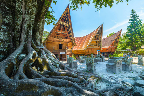 Batak maisons traditionnelles dans une rangée, racine d'arbre au premier plan, look orange sarcelle. Ambarita village, lac Toba, destination voyage à Sumatra, Indonésie
. - Photo, image