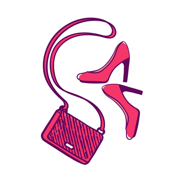 Clutch bag and high heel shoes. - Vector, Image