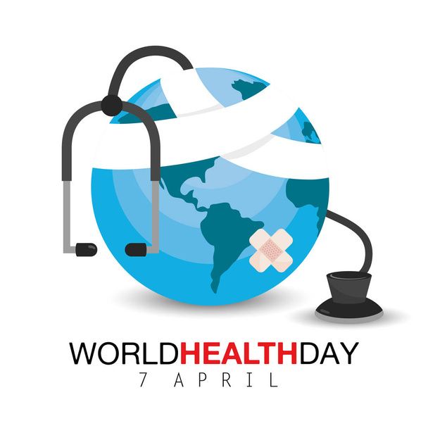 earth planet with stethoscope to health day - Vector, Image