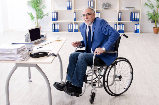 Ηλικιωμένος εργαζόμενος σε αναπηρική καρέκλα που εργάζεται στο γραφείο  - Φωτογραφία, εικόνα