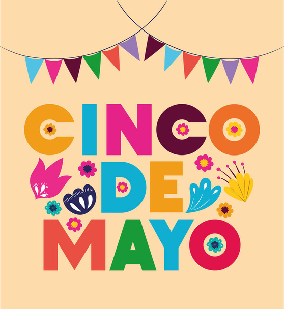 cinco de mayo card with garlands and flowers - Vector, Image