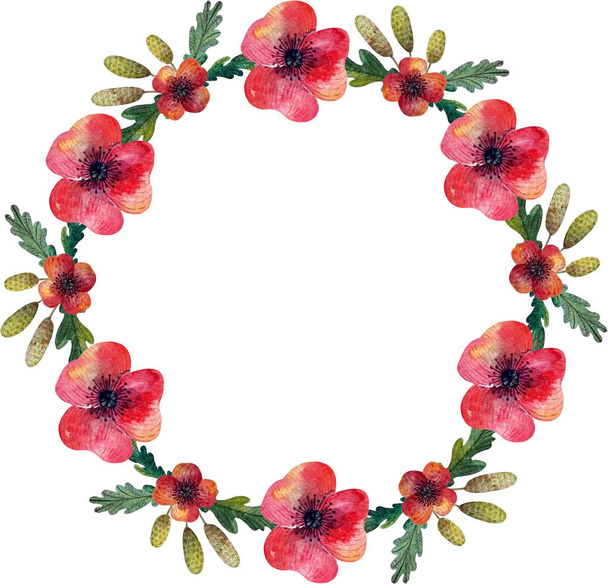 Round frame. A wreath of wild meadow flowers. Poppies and herbs - Foto, Imagem