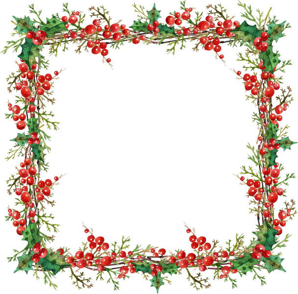 Square Christmas wreath with branches, holly, cranberries green and red - Foto, afbeelding