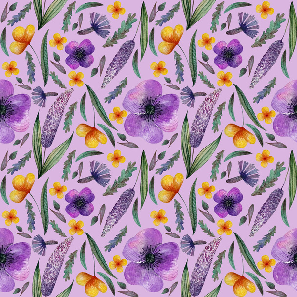 seamless pattern meadow lilac  yellow flowers and herbs, cornflowers,  on lilac background - Φωτογραφία, εικόνα