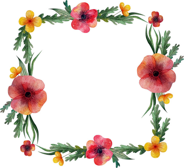 Square frame. A wreath of wild meadow flowers. Poppies and herbs - 写真・画像