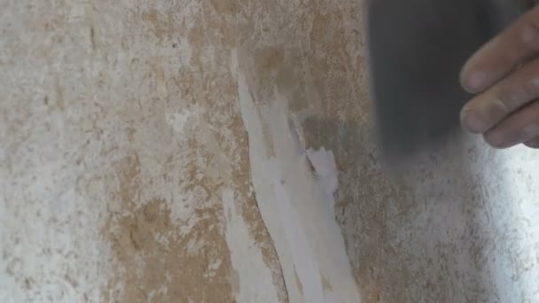 Člověk čistí hliněných zdí starých tapet špachtlí detailní zobrazení - Záběry, video