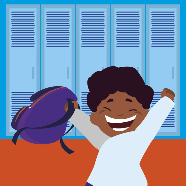 kleine zwarte schooljongen met Schooltasje in de bandbreedte van de school - Vector, afbeelding