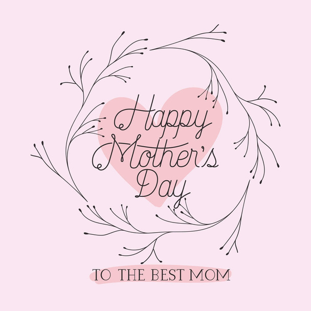 ευτυχισμένος μητέρες ημέρα κάρτα με βότανα καρδιά σε ξύλινο πλαίσιο - Διάνυσμα, εικόνα