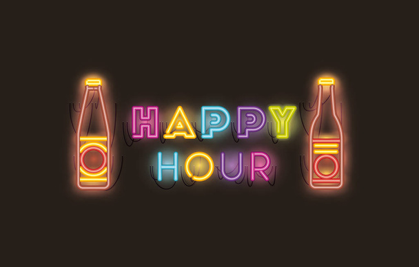 happy hour com fontes beer bottle luzes de néon
 - Vetor, Imagem