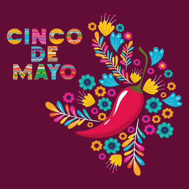 Cinco de mayo kartı çiçek ve biber ile - Vektör, Görsel
