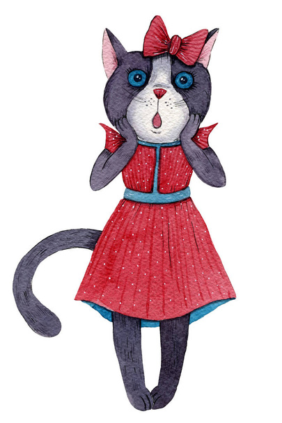 Käsin maalattu akvarellikuva yllättyneestä kissasta kauniissa punaisessa mekossa ja punaisessa rusetissa
 - Valokuva, kuva