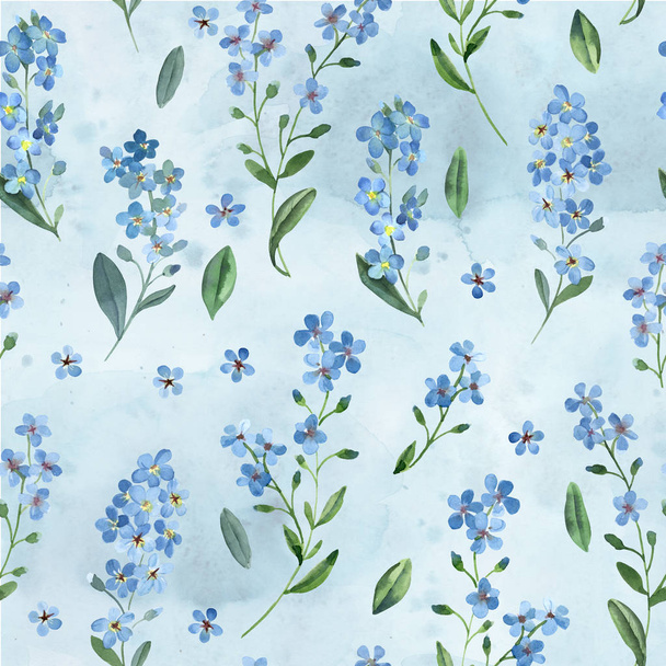 Watercolor seamless pattern of gentle blue flowers - Фото, изображение