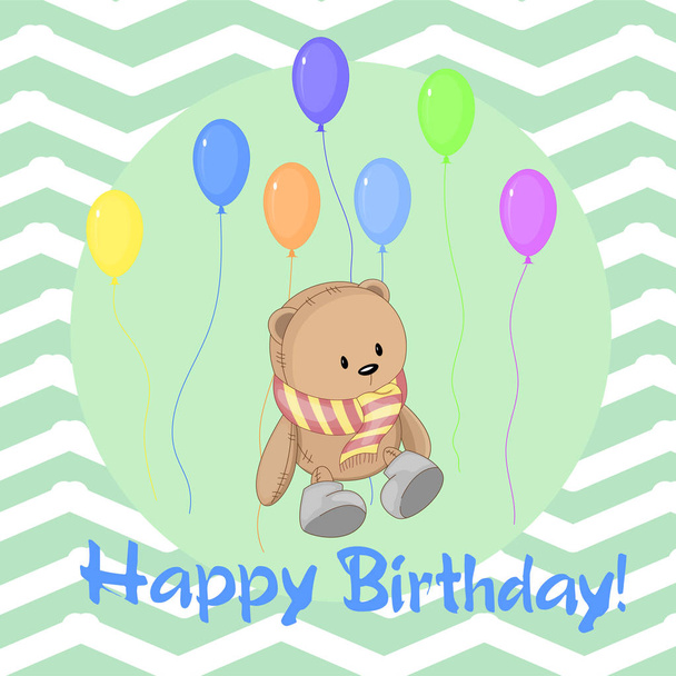 vector image of birthday greetings bear with balloons - Vektor, obrázek