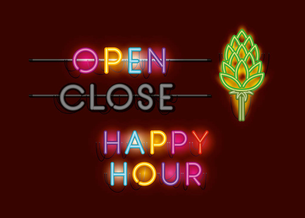 happy hour with spike fonts neon lights - Vector, Image