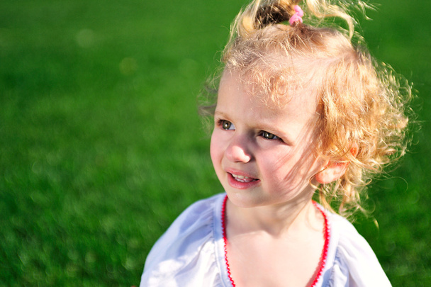 Portrait of beautiful baby girl on the lawn - Foto, Bild