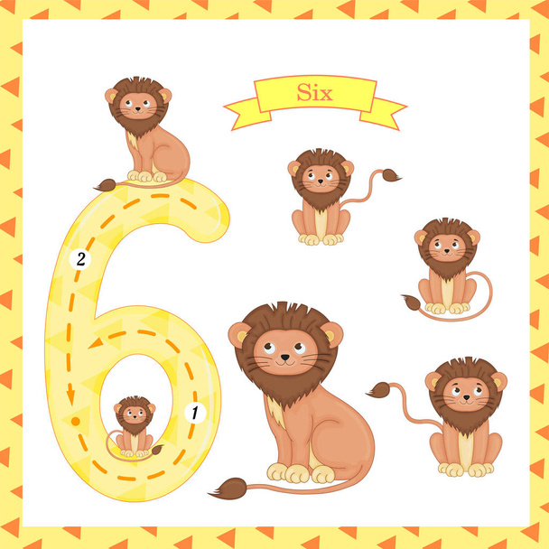 Cute children Flashcard number Six tracing with 6 lions for kids learning to count and to write. - Vector, afbeelding