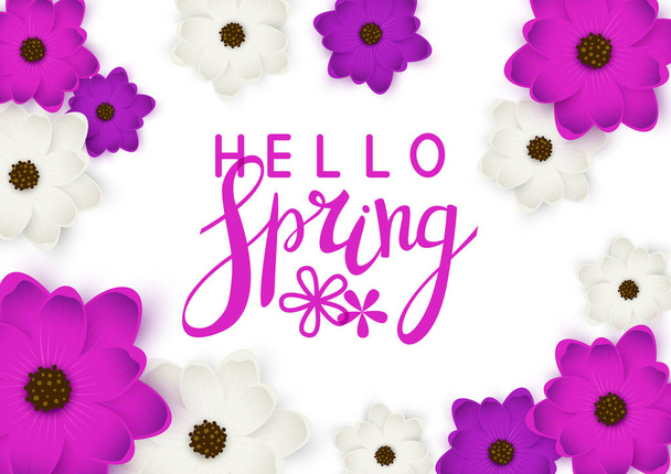 Růžové a fialové květiny rámec zprávou na jaře izolovaných na bílém pozadí - Vektor, obrázek